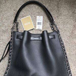 Michael Kors Black Leather Chain Tote And Wallet